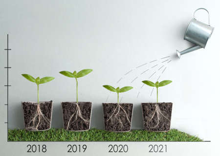 Business slump and recovery stages chart, with seedlings and roots exposed inside plant potsの写真素材