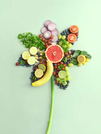 Spring flower concept, closeup of organic fruits and vegetables, summer salad ingredientsの写真素材