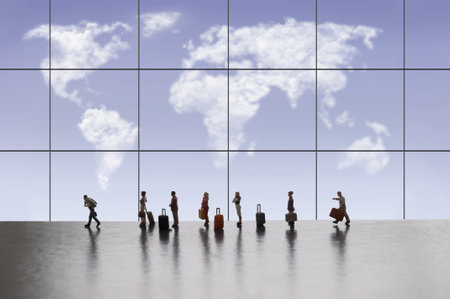 Miniature people in queue at airport terminal with cloud map of world through windowの写真素材
