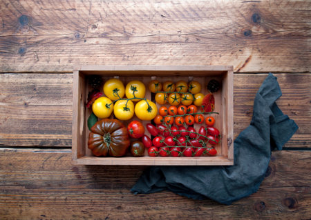 Wooden box with colourful selection of harvested tomatoes, assorted varieties including borange, monterosa and heriloomの写真素材