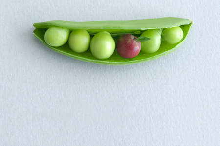 Peas in a pod with miniature apple, balanced diet conceptの写真素材