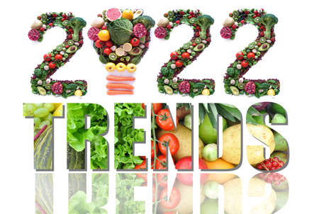 2022 trends made of fruits and vegetables including a light bulb iconの写真素材