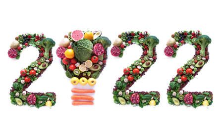 2022 made of fruits and vegetables including a light bulb iconの写真素材