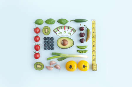 Food bathroom weighing scales design made from fruits and vegetablesの写真素材