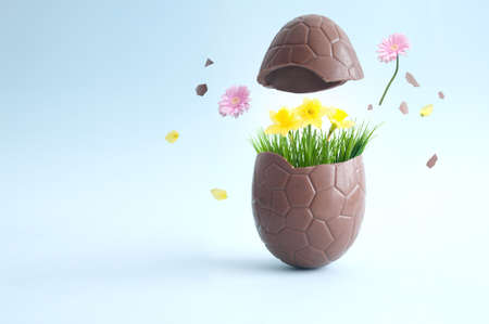 Chocolate easter egg cracking open with explosion of spring flowersの写真素材