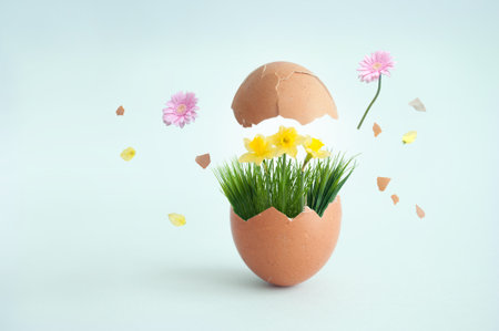 Egg breaking open with spring grass and flowers bursting out of shellの写真素材