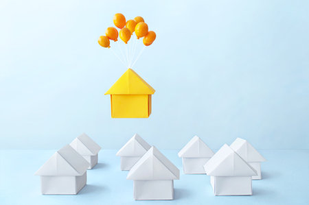 Orange paper house with balloons floating above many housesの写真素材