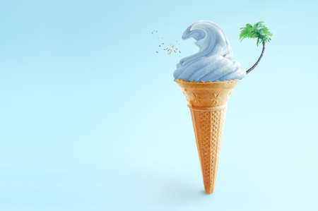 Strawberry ice cream wave with surfboard, beach sign and palm treeの写真素材