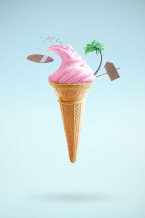 Strawberry ice cream 'wave' with surfboard, beach sign and palm treeの写真素材
