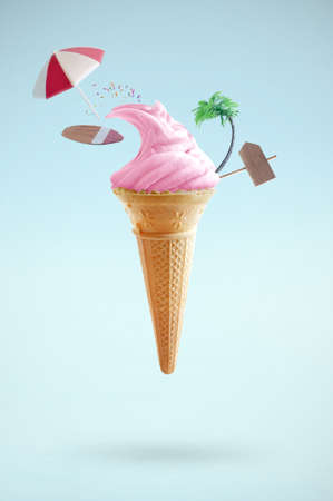Strawberry ice cream 'wave' with surfboard, beach sign and palm treeの写真素材