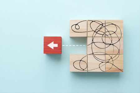 Messy line sketched on wooden blocks leading to arrow, solving complex problems, exit strategy...