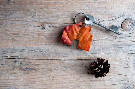 Miniature real estate house with autumn leaf texture and key attachedの写真素材