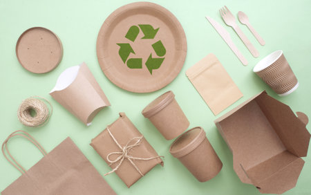 Collection of sustainable packaging, low carbon green revolution conceptの写真素材