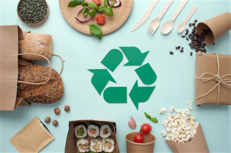 Healthy food collection with eco sustainable food packaging and recyling signの写真素材