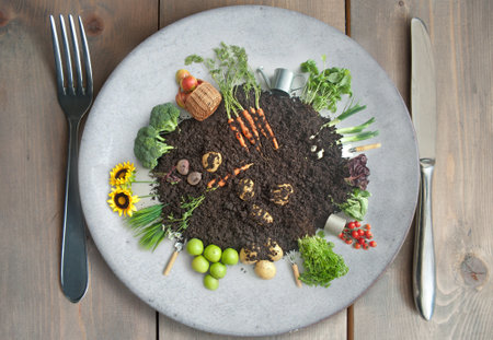 Organic fruits and vegetables growing in eco compost circle on a plate with cutleryの写真素材