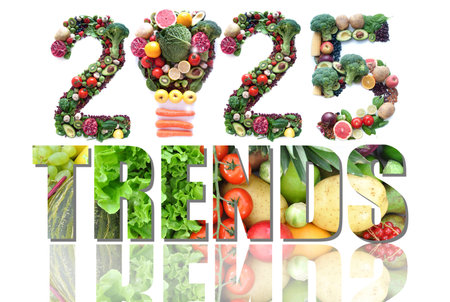 2025 trends made of fruits and vegetables including a light bulb iconの写真素材