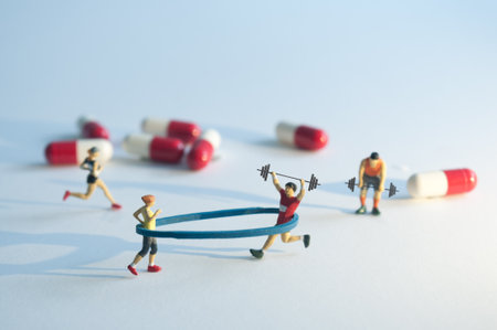 Miniature people working out next to pillsの写真素材