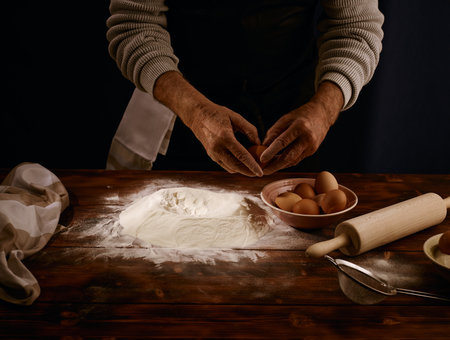 Image of a chef cracking an eggの写真素材