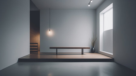 Minimalistic interior with a wooden bench and a window. 3d rendering mock upの素材