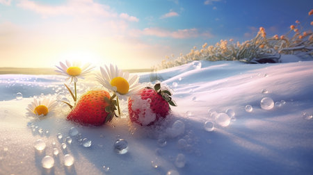 Strawberry and daisies in the snow at sunset.の素材