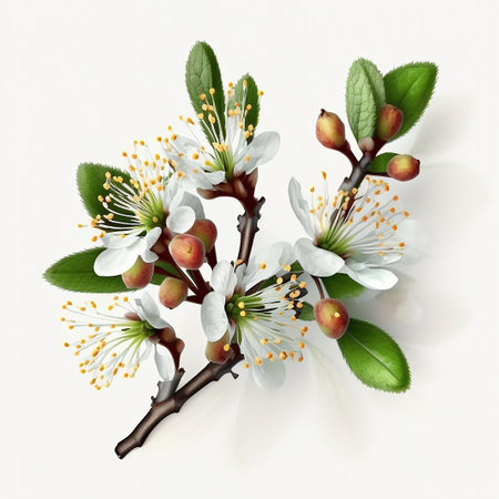 Flowering branch of cherry on a white background. Vector illustration.の写真素材