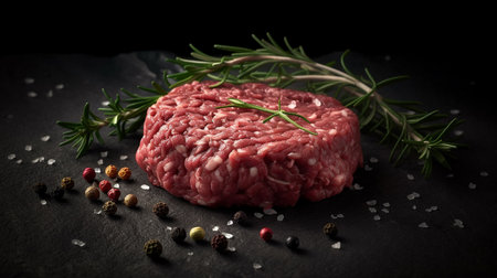 Raw minced meat with rosemary, pepper and salt on black backgroundの写真素材