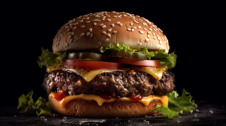 Delicious hamburger with fresh vegetables on black background, closeupの写真素材