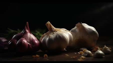 Garlic and shallot on a wooden table. Dark background.の写真素材