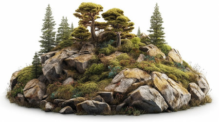 Pine tree on a rock isolated on white background 3d illustrationの写真素材