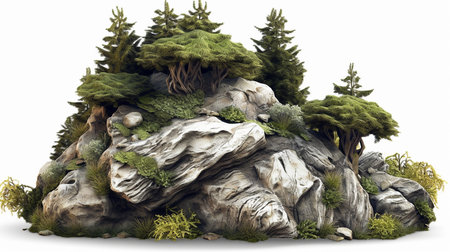 3D render of a small rock garden with trees and plants.の写真素材