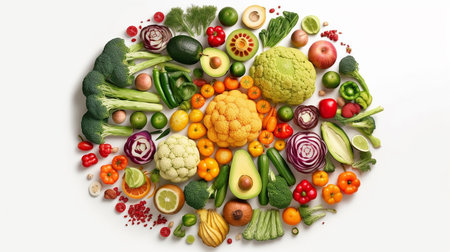 Fruits and vegetables arranged in circle on white background, top viewの写真素材