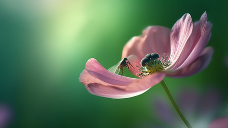 Cosmos flower with bee in the garden. Soft focus and shallow DOF.の写真素材