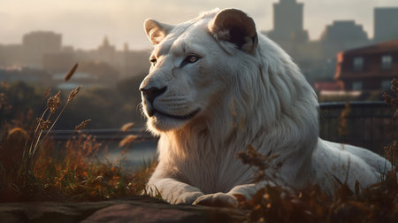 White lion on the background of the city at sunset. Close-up.の写真素材