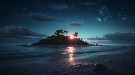 Tropical island at night with starry sky. 3d renderの写真素材