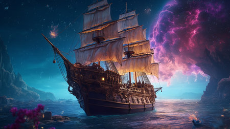Pirate ship in the sea. Fantasy landscape. 3D renderingの素材