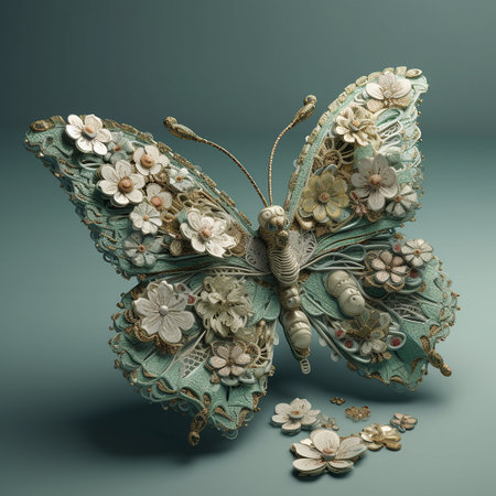 Butterfly made of turquoise fabric on a blue backgroundの素材