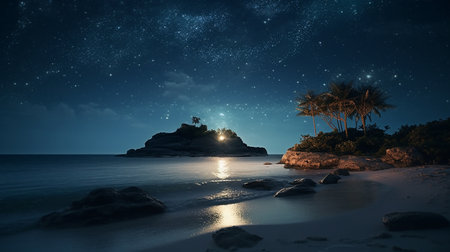 Tropical beach at night with starry sky and palm treesの素材