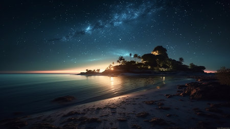 Beautiful starry sky over a tropical island. 3d renderingの素材
