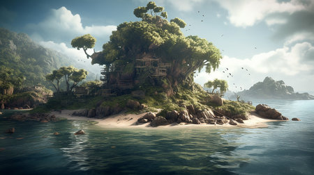 Tropical island on the sea. 3d render illustration.の素材