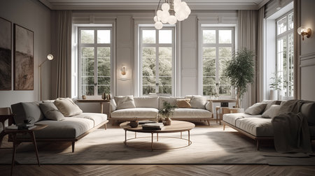 Living room interior design with sofa and coffee table. 3d renderingの写真素材