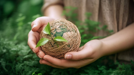 Eco concept. Close-up of female hands holding a globe with green leaves, GO green. Earth Day. Global Warmingの写真素材