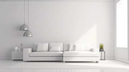 Interior design modern bright room with white sofa 3D rendering illustrationの写真素材