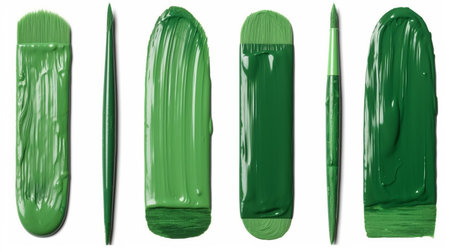 collection of  various green paint brush strokes on white background. each one is shot separatelyの写真素材