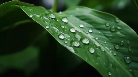 Water droplets on the leaves of a tropical plant after the rainの写真素材