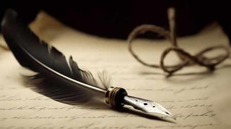 Quill pen and inkwell on an old letter, close upの写真素材