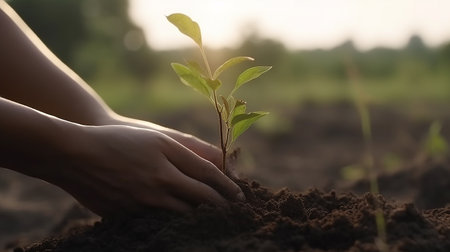 Human hands holding green sprout growing from soil on blurred nature background Go green, global warming, mother planetの写真素材