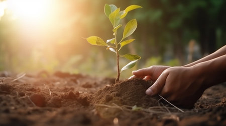 Human hand planting a tree in the soil. Save environment concept. Go green, global warming, mother planetの写真素材