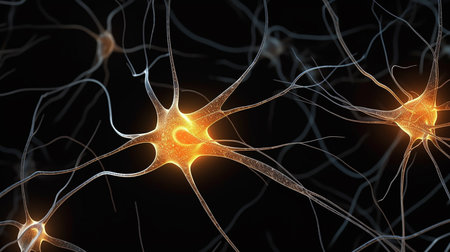Neuron cell, 3D illustration, computer generated, with light effectsの写真素材
