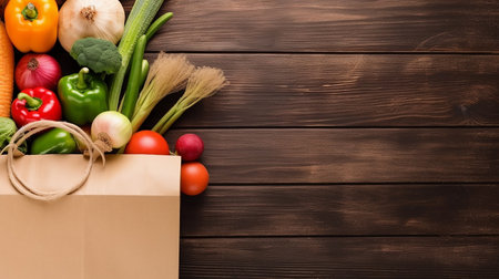 Paper bag with fresh vegetables on wooden background. Top view with copy spaceの写真素材