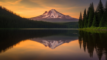 Mount Rainier at sunset with reflection in the lake, Washington.の写真素材